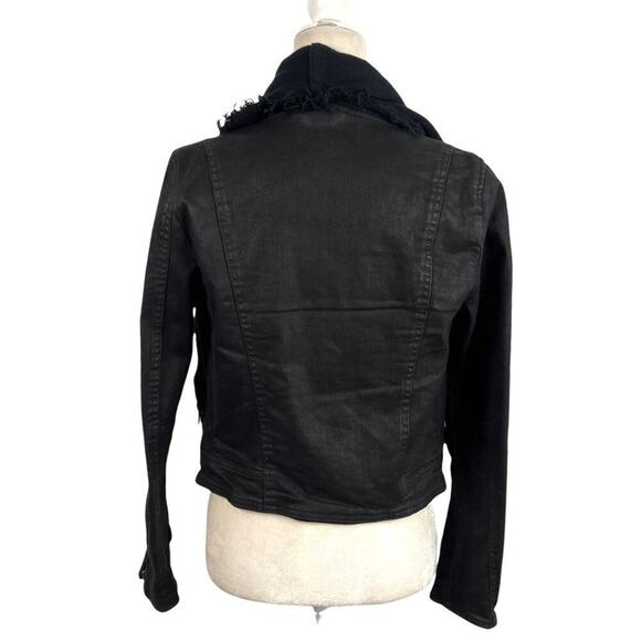 Free People Drape Front Coated Waxed Denim Moto Cropped Jacket Black Zip Cuffs 4 - Picture 10 of 14
